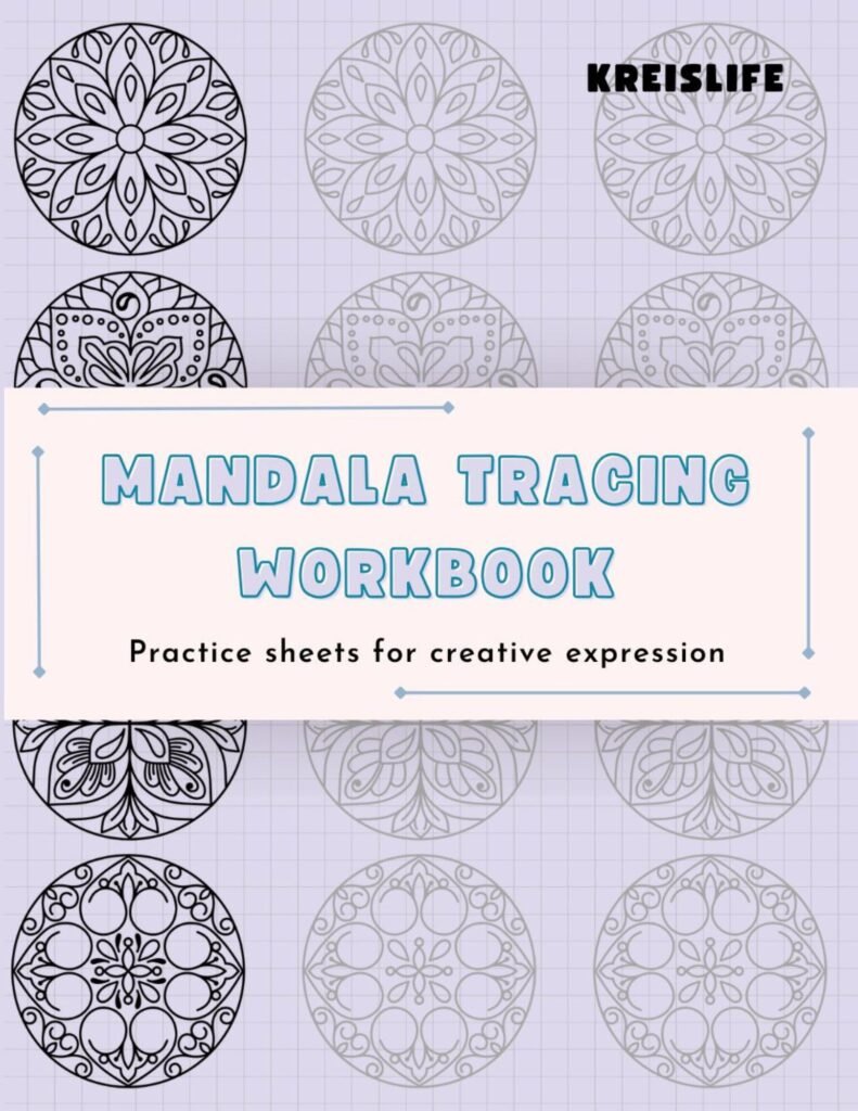 Mandala Tracing Workbook cover featuring 60 hand-drawn mandala designs for creative expression. Perfect for beginners and advanced artists, this workbook offers practice sheets for tracing intricate mandala patterns. Ideal for enhancing mindfulness, improving artistic skills, and enjoying a calming, therapeutic activity. Great for personal growth and relaxation